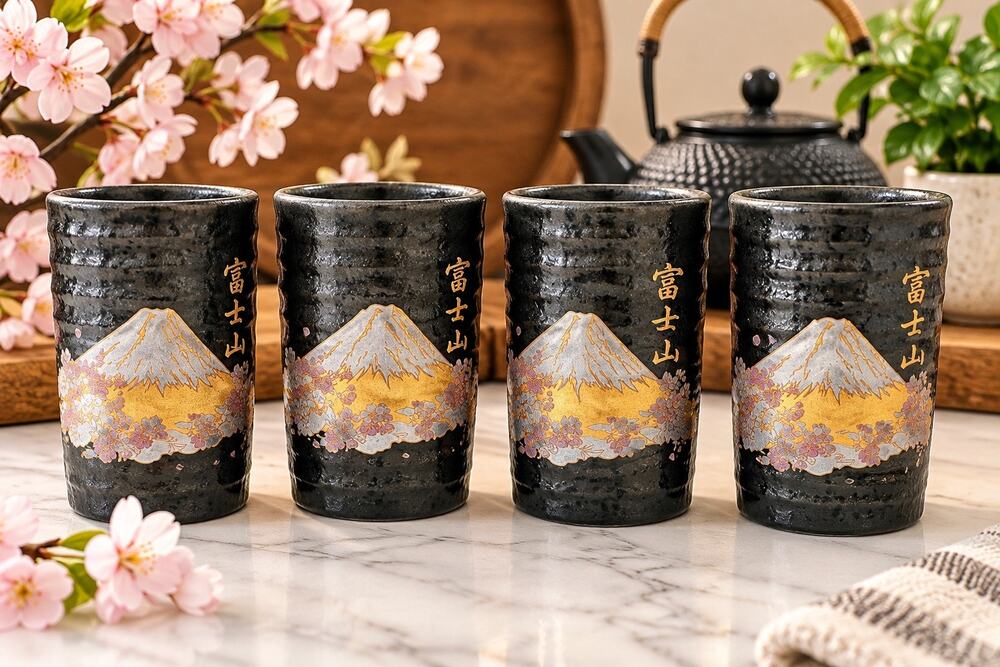 Japanese Mount Fuji Tea Cups Set of 4 Black Ceramic Sakura Cherry Blossom Gold